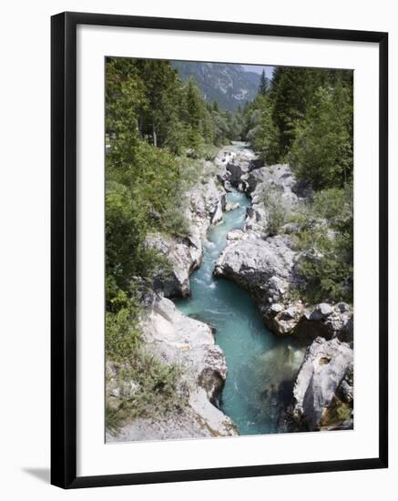 Soca River with Clear Emerald Water Flowing Between Eroded Rocks in Trenta Valley in Summer-Pearl Bucknall-Framed Photographic Print