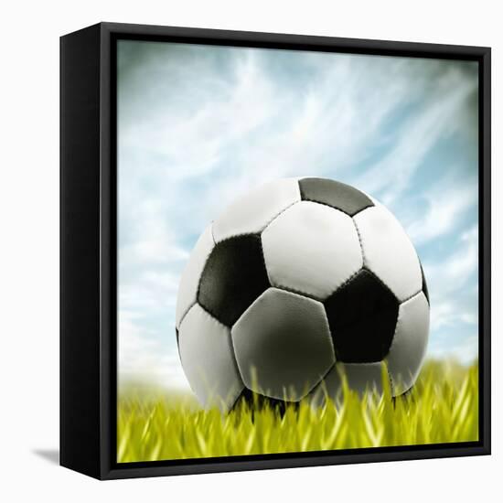 Soccer Ball Resting on Grass-null-Framed Stretched Canvas