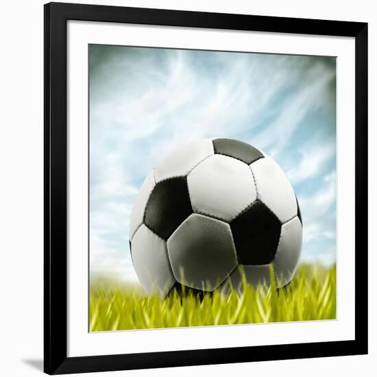 Soccer Ball Resting on Grass-null-Framed Photographic Print