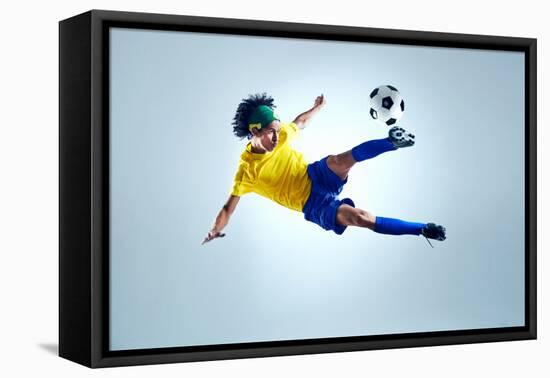 Soccer Football Kick Striker Scoring Goal with Accurate Shot for Brazil Team World Cup-warrengoldswain-Framed Stretched Canvas
