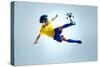 Soccer Football Kick Striker Scoring Goal with Accurate Shot for Brazil Team World Cup-warrengoldswain-Stretched Canvas