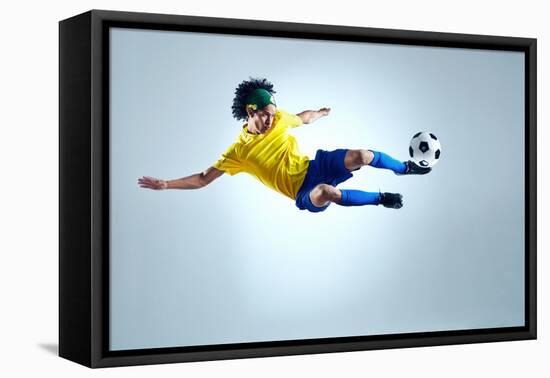 Soccer Football Kick Striker Scoring Goal with Accurate Shot for Brazil Team World Cup-warrengoldswain-Framed Stretched Canvas