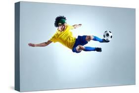 Soccer Football Kick Striker Scoring Goal with Accurate Shot for Brazil Team World Cup-warrengoldswain-Stretched Canvas