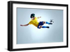 Soccer Football Kick Striker Scoring Goal with Accurate Shot for Brazil Team World Cup-warrengoldswain-Framed Photographic Print