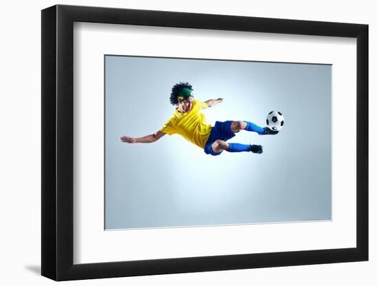 Soccer Football Kick Striker Scoring Goal with Accurate Shot for Brazil Team World Cup-warrengoldswain-Framed Photographic Print