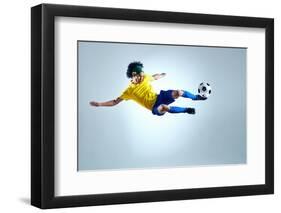 Soccer Football Kick Striker Scoring Goal with Accurate Shot for Brazil Team World Cup-warrengoldswain-Framed Photographic Print