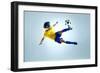 Soccer Football Kick Striker Scoring Goal with Accurate Shot for Brazil Team World Cup-warrengoldswain-Framed Photographic Print