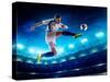 Soccer Player in Action on Night Stadium Background-Eugene Onischenko-Stretched Canvas