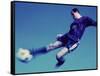 Soccer Player Jumping in Mid Air to Kick a Soccer Ball-null-Framed Stretched Canvas