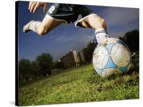 Soccer Player Kicking Ball-Randy Faris-Stretched Canvas