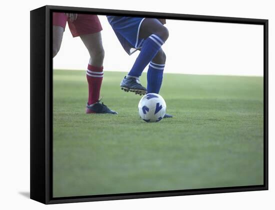 Soccer players from opposing teams compete for the ball during a game-null-Framed Stretched Canvas