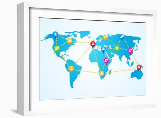 Social Connection Map with Pin Icons-ra2studio-Framed Art Print