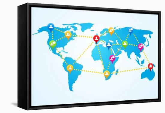 Social Connection Map with Pin Icons-ra2studio-Framed Stretched Canvas