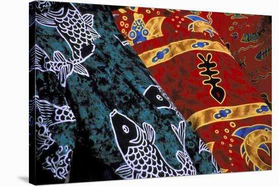 Society Islands, French Polynesia, Close-up of nautical designs on batik at a market.-Todd Gipstein-Stretched Canvas
