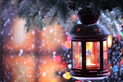 Christmas Lantern With Snowfall,Closeup