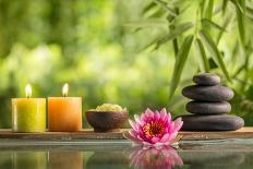 Spa Still Life with Burning Candles,Zen Stone and Bamboo Mat Reflected in a Serenity Pool-Sofiaworld-Photographic Print