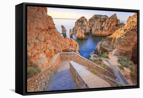 Soft Colors of Dawn on the Red Cliffs of Ponta Da Piedade, Lagos, Algarve, Portugal, Europe-Roberto Moiola-Framed Stretched Canvas
