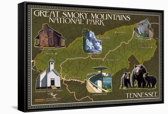 Soft Map - Great Smoky Mountains National Park, TN-Lantern Press-Framed Stretched Canvas