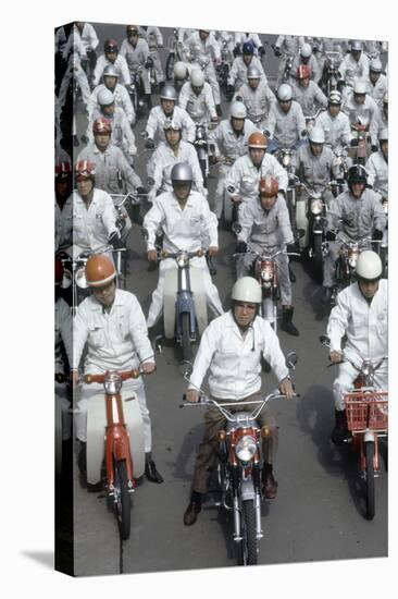 Soichiro Honda, Founder of Honda Corporation, Riding Motorcycles with Workers, Tokyo, Japan, 1967-Takeyoshi Tanuma-Stretched Canvas