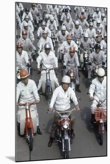 Soichiro Honda, Founder of Honda Corporation, Riding Motorcycles with Workers, Tokyo, Japan, 1967-Takeyoshi Tanuma-Mounted Photographic Print