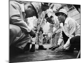 Soichiro Honda Showing Engineers Solution to Body Noise Problem at Research Facility, Japan, 1967-Takeyoshi Tanuma-Mounted Photographic Print