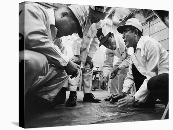 Soichiro Honda Showing Engineers Solution to Body Noise Problem at Research Facility, Japan, 1967-Takeyoshi Tanuma-Stretched Canvas