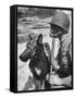 Soldier and German Shepard Wearing Gas Masks for Chemical Warfare Maneuvers-Andreas Feininger-Framed Stretched Canvas