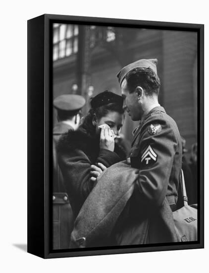 Soldier Consoling Wife as He Says Goodbye at Penn Station before Returning to Duty, WWII-Alfred Eisenstaedt-Framed Stretched Canvas