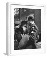 Soldier Consoling Wife as He Says Goodbye at Penn Station before Returning to Duty, WWII-Alfred Eisenstaedt-Framed Photographic Print