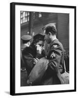 Soldier Consoling Wife as He Says Goodbye at Penn Station before Returning to Duty, WWII-Alfred Eisenstaedt-Framed Photographic Print