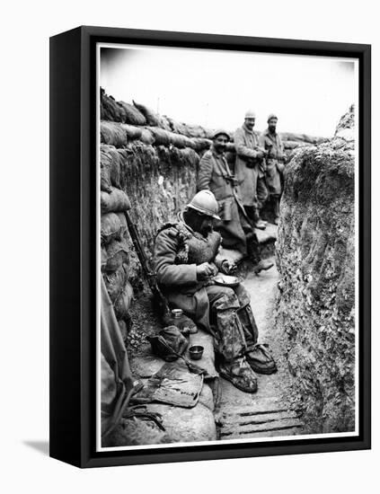 Soldier Eating in a Trench in the Champagne Region, 1916-Jacques Moreau-Framed Stretched Canvas