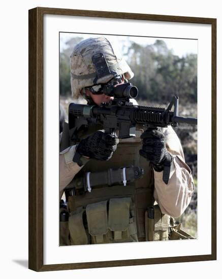 Soldier Looks Through the Scope of M-4 Carbine Rifle-Stocktrek Images-Framed Photographic Print