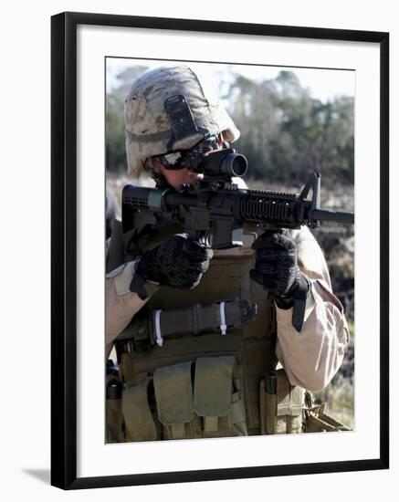 Soldier Looks Through the Scope of M-4 Carbine Rifle-Stocktrek Images-Framed Photographic Print