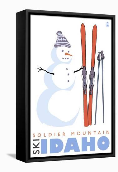 Soldier Mountain, Idaho, Snowman with Skis-Lantern Press-Framed Stretched Canvas