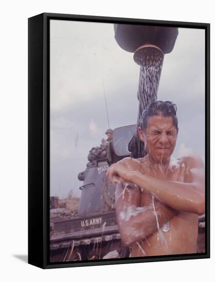 Soldier of the 11th Armored Regiment in Vietnam Taking a Shower-Co Rentmeester-Framed Stretched Canvas