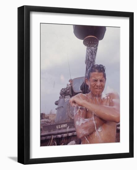 Soldier of the 11th Armored Regiment in Vietnam Taking a Shower-Co Rentmeester-Framed Photographic Print