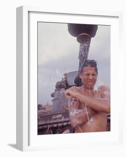 Soldier of the 11th Armored Regiment in Vietnam Taking a Shower-Co Rentmeester-Framed Photographic Print