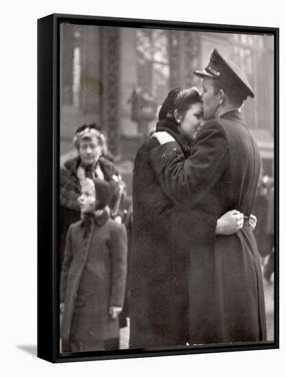 Soldier Tenderly Kissing His Girlfriend's Forehead as She Embraces Him While Saying Goodbye-Alfred Eisenstaedt-Framed Stretched Canvas