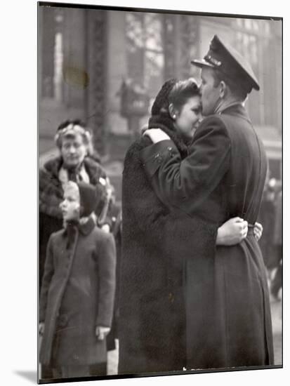 Soldier Tenderly Kissing His Girlfriend's Forehead as She Embraces Him While Saying Goodbye-Alfred Eisenstaedt-Mounted Photographic Print