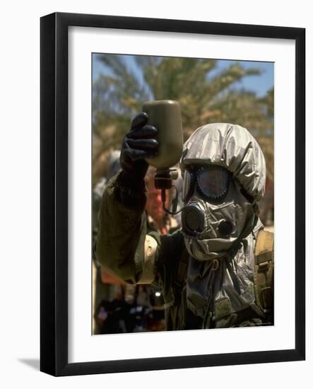Soldier Wears Protective Outfit and Gas Mask Against Possible Gulf Iraqi Biological Weapon Attack-Dennis Brack-Framed Photographic Print