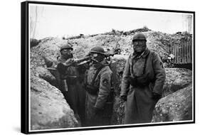 Soldiers in a Trench Wearing a Gas Mask and Oxygen Supply in Nieuwpoort, 1915-Jacques Moreau-Framed Stretched Canvas