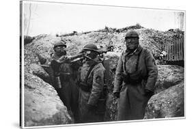 Soldiers in a Trench Wearing a Gas Mask and Oxygen Supply in Nieuwpoort, 1915-Jacques Moreau-Stretched Canvas