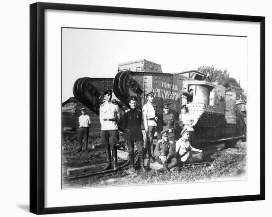 Soldiers of the Volunteer Army before the Tank 'General Drozdovsky, 1919-null-Framed Giclee Print