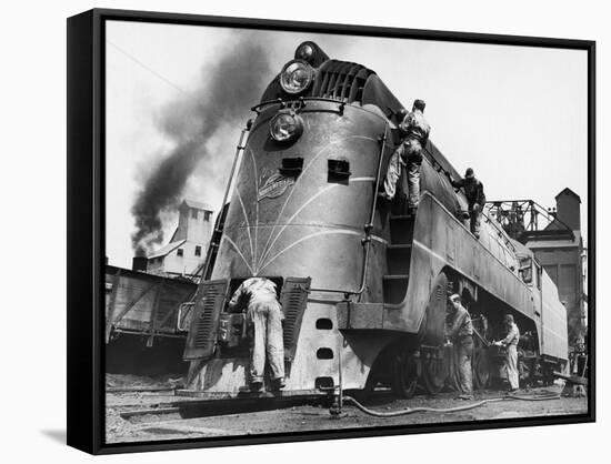 Soldiers Working on Locomotive-Myron Davis-Framed Stretched Canvas