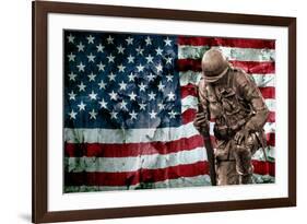 Solider Statue and American Flag by Identical Exposure Poster-null-Framed Photo