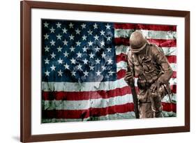 Solider Statue and American Flag by Identical Exposure Poster-null-Framed Photo