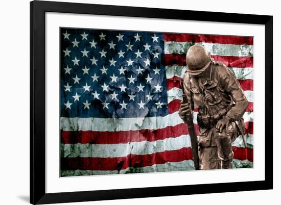 Solider Statue and American Flag by Identical Exposure Poster-null-Framed Photo