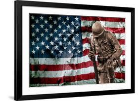 Solider Statue and American Flag by Identical Exposure Poster-null-Framed Photo