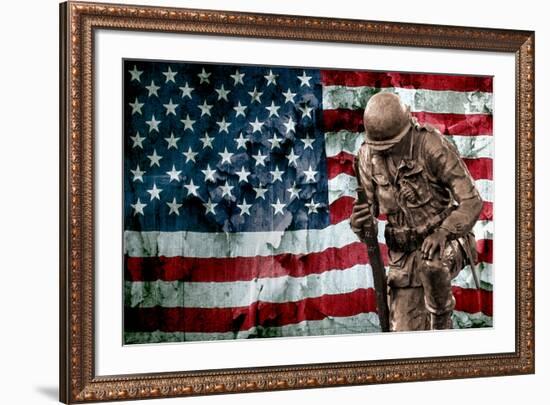 Solider Statue and American Flag by Identical Exposure Poster-null-Framed Photo