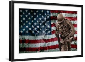 Solider Statue and American Flag by Identical Exposure-null-Framed Photo